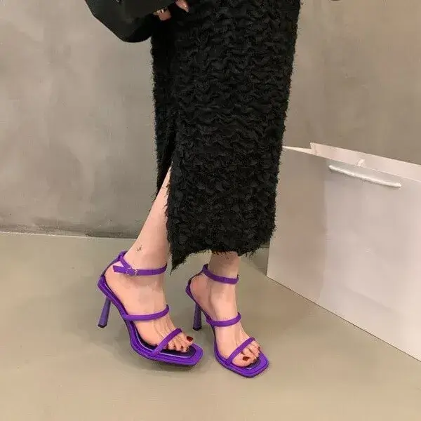 Jannatshoe Women Fashion Sexy Simple Strap Square Toe Heeled Sandals